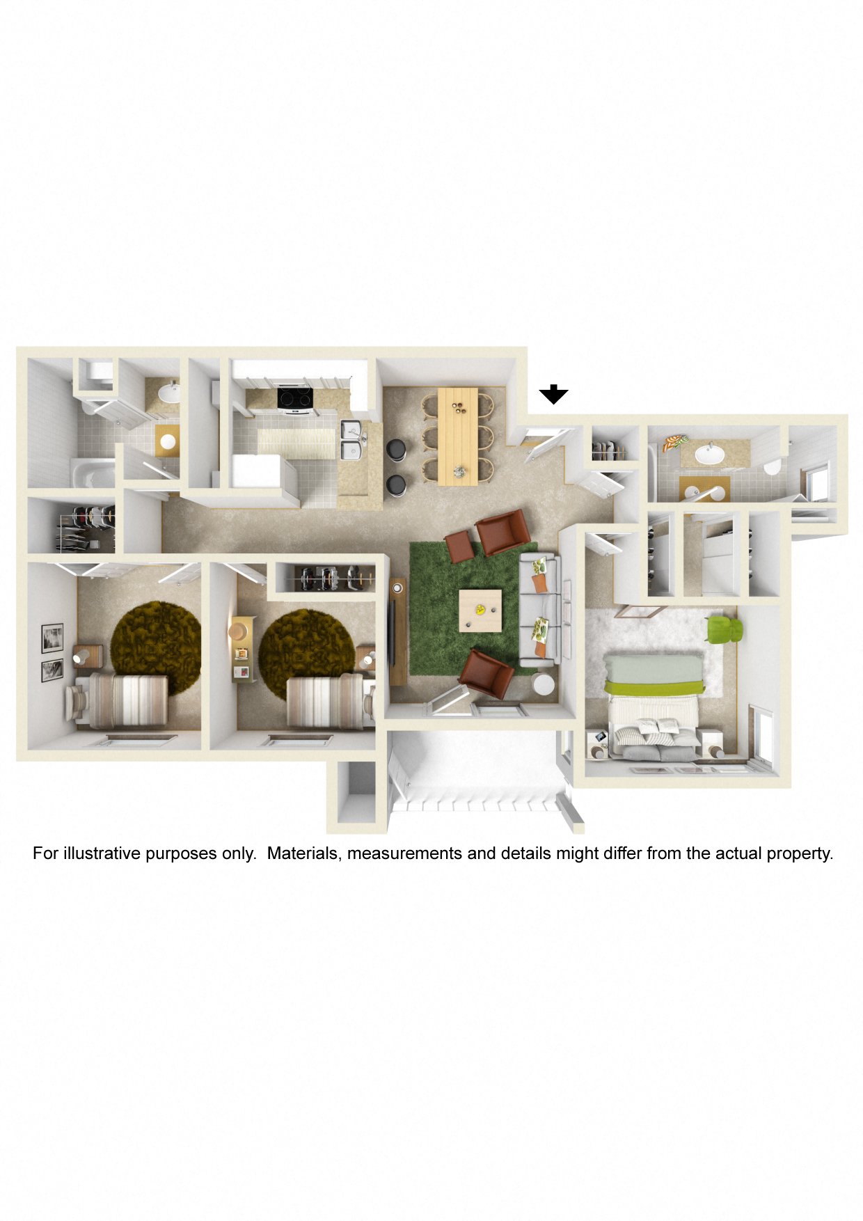 Floor plan for 3 beds, 2 baths, 1100 sqft